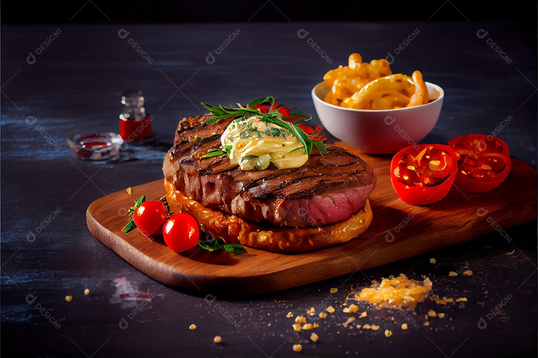 Carne assada sendo preparada para hamburguer sobre uma tabua de madeira