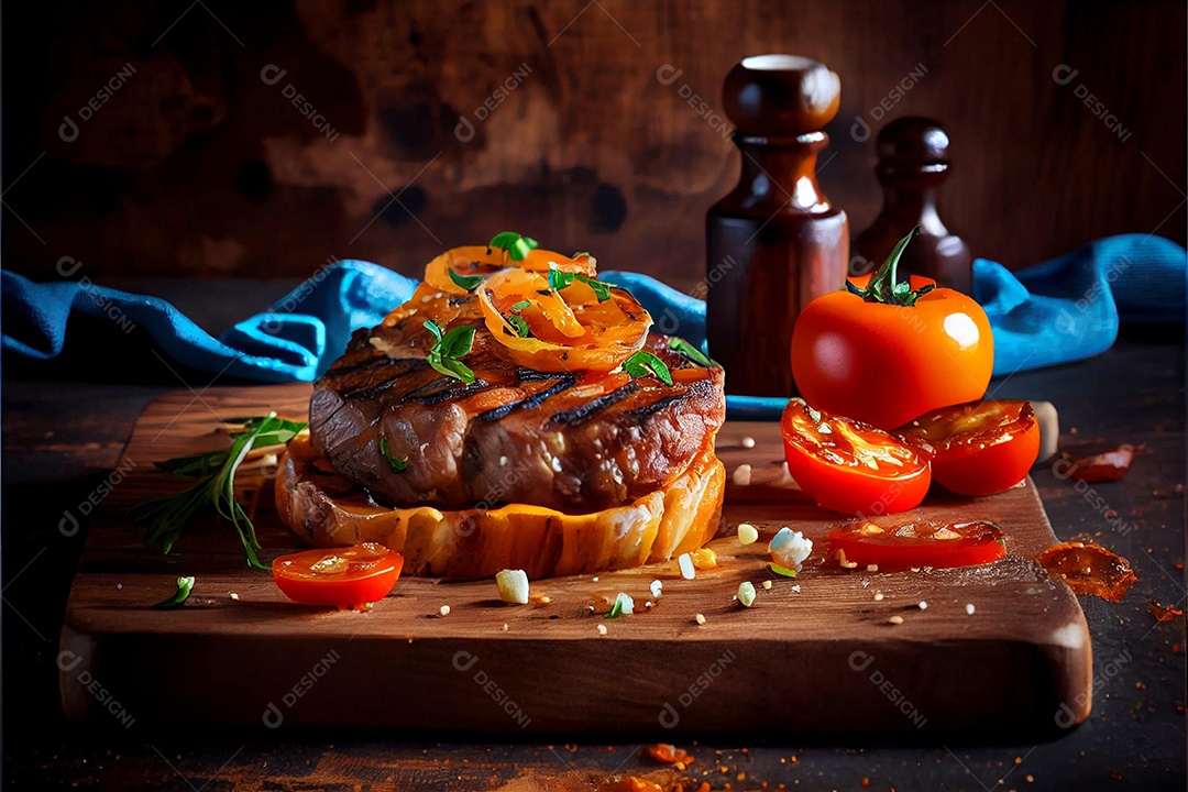 Carne assada sendo preparada para hamburguer sobre uma tabua de madeira