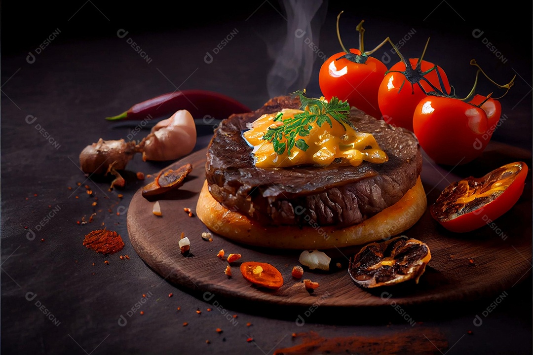 Carne assada sendo preparada para hamburguer sobre uma tabua de madeira