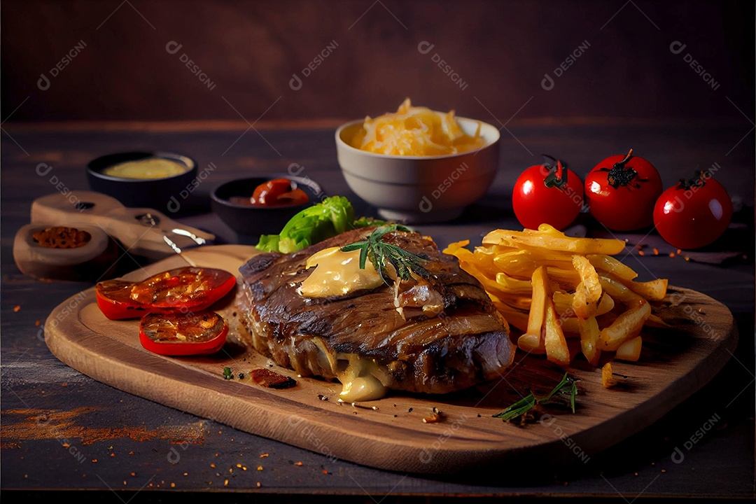 Carne sobre tabua de madeira