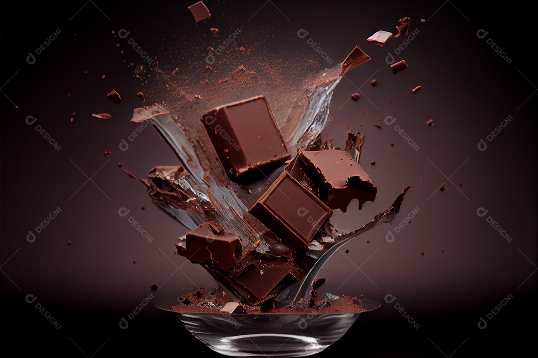 Pedaços voadores de pedaços de chocolate triturados com do Dia dos Namorados de chocolate líquido