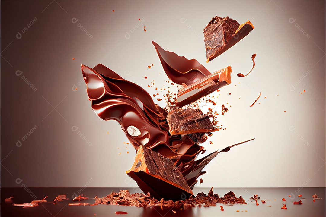 Pedaços voadores de pedaços de chocolate triturados com do Dia dos Namorados de chocolate líquido