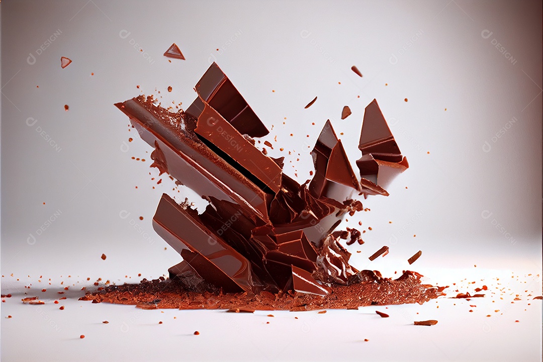 Pedaços voadores de pedaços de chocolate triturados com do Dia dos Namorados de chocolate líquido