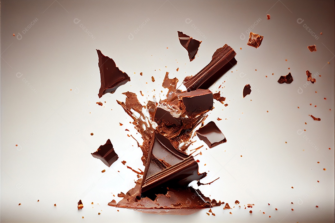 Pedaços voadores de pedaços de chocolate triturados com do Dia dos Namorados de chocolate líquido