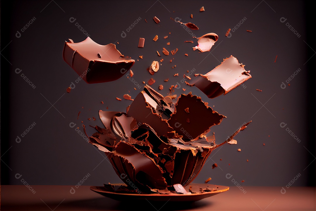 Pedaços voadores de pedaços de chocolate triturados com do Dia dos Namorados de chocolate líquido