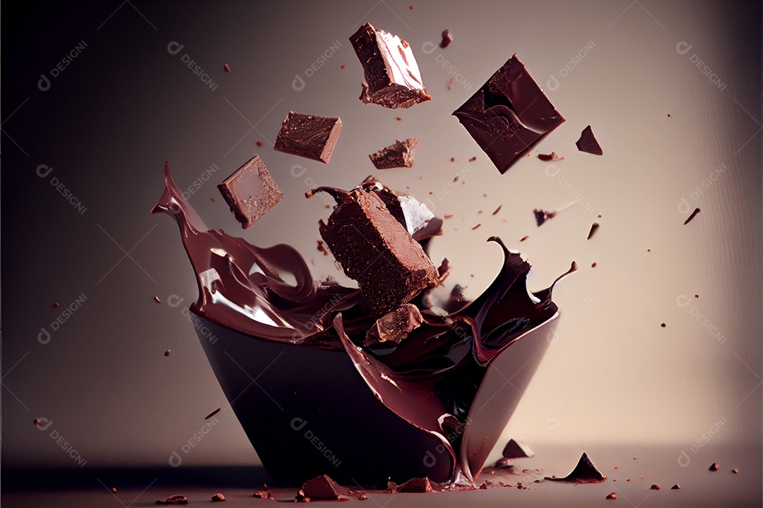 Pedaços voadores de pedaços de chocolate triturados com do Dia dos Namorados de chocolate líquido