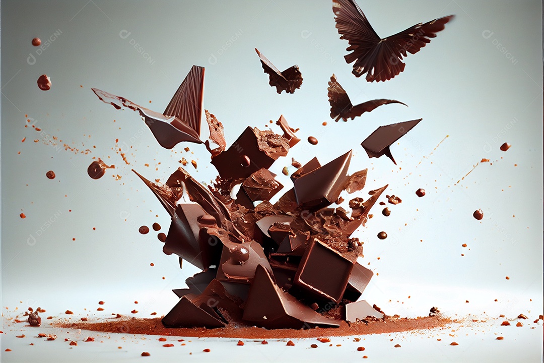 Pedaços voadores de pedaços de chocolate triturados com do Dia dos Namorados de chocolate líquido