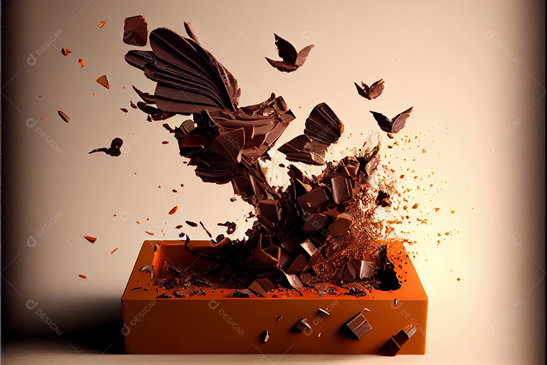 Pedaços voadores de pedaços de chocolate triturados com do Dia dos Namorados de chocolate líquido