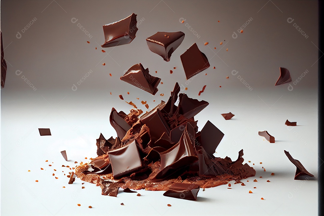 Pedaços voadores de pedaços de chocolate triturados com do Dia dos Namorados de chocolate líquido