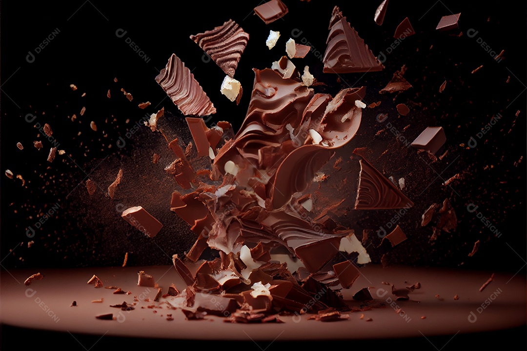 Pedaços voadores de pedaços de chocolate triturados com do Dia dos Namorados de chocolate líquido