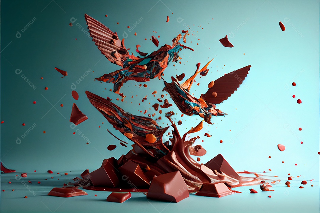 Pedaços voadores de pedaços de chocolate triturados com do Dia dos Namorados de chocolate líquido