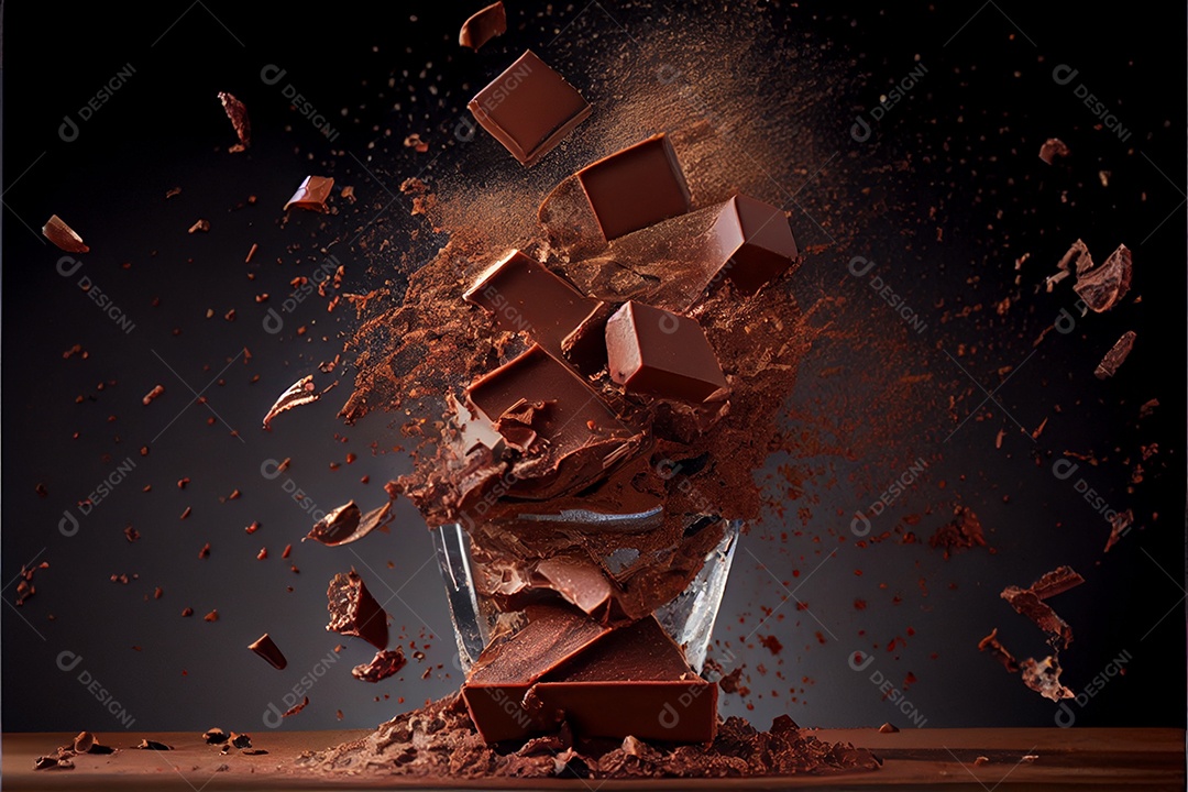 Pedaços voadores de pedaços de chocolate triturados com do Dia dos Namorados de chocolate líquido