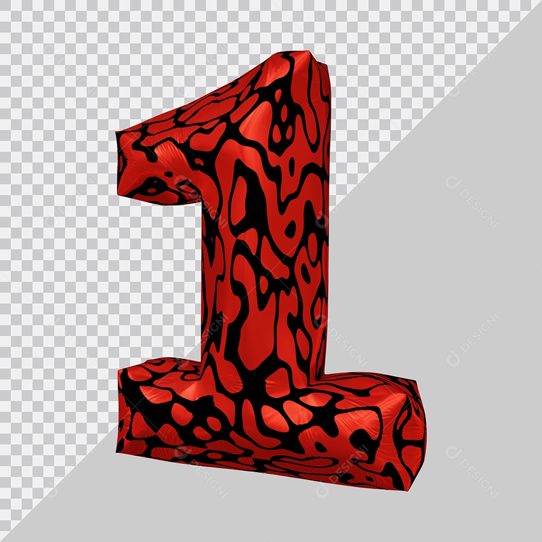 Número 3D 1 Preto e Vermelho Para Composição PSD