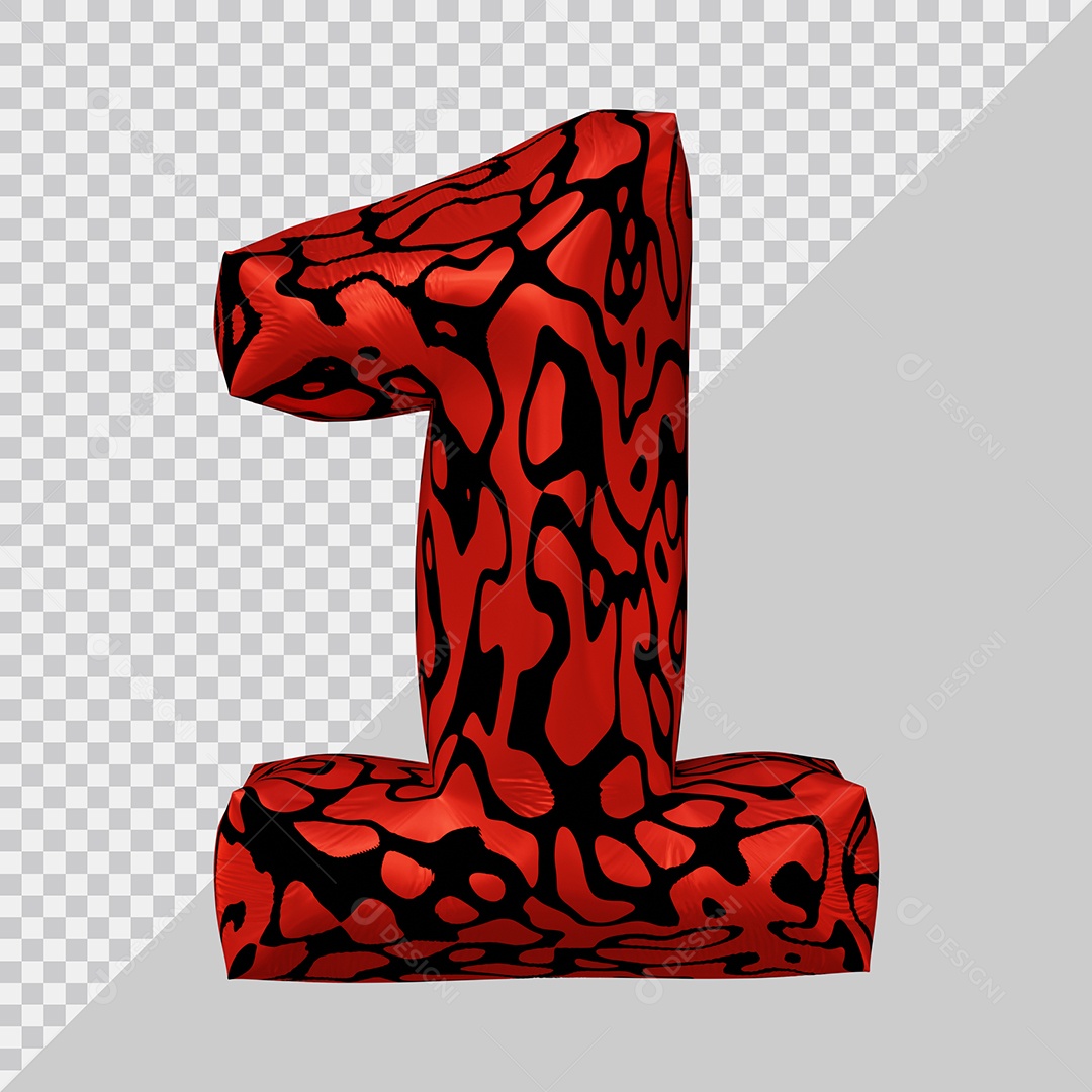 Número 3D 1 Preto e Vermelho Para Composição PSD