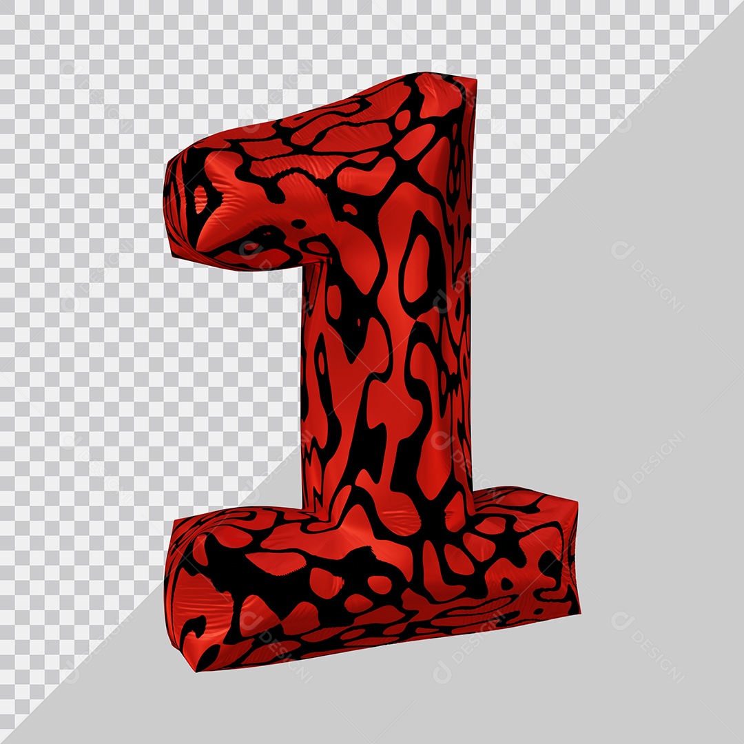 Número 3D 1 Preto e Vermelho Para Composição PSD