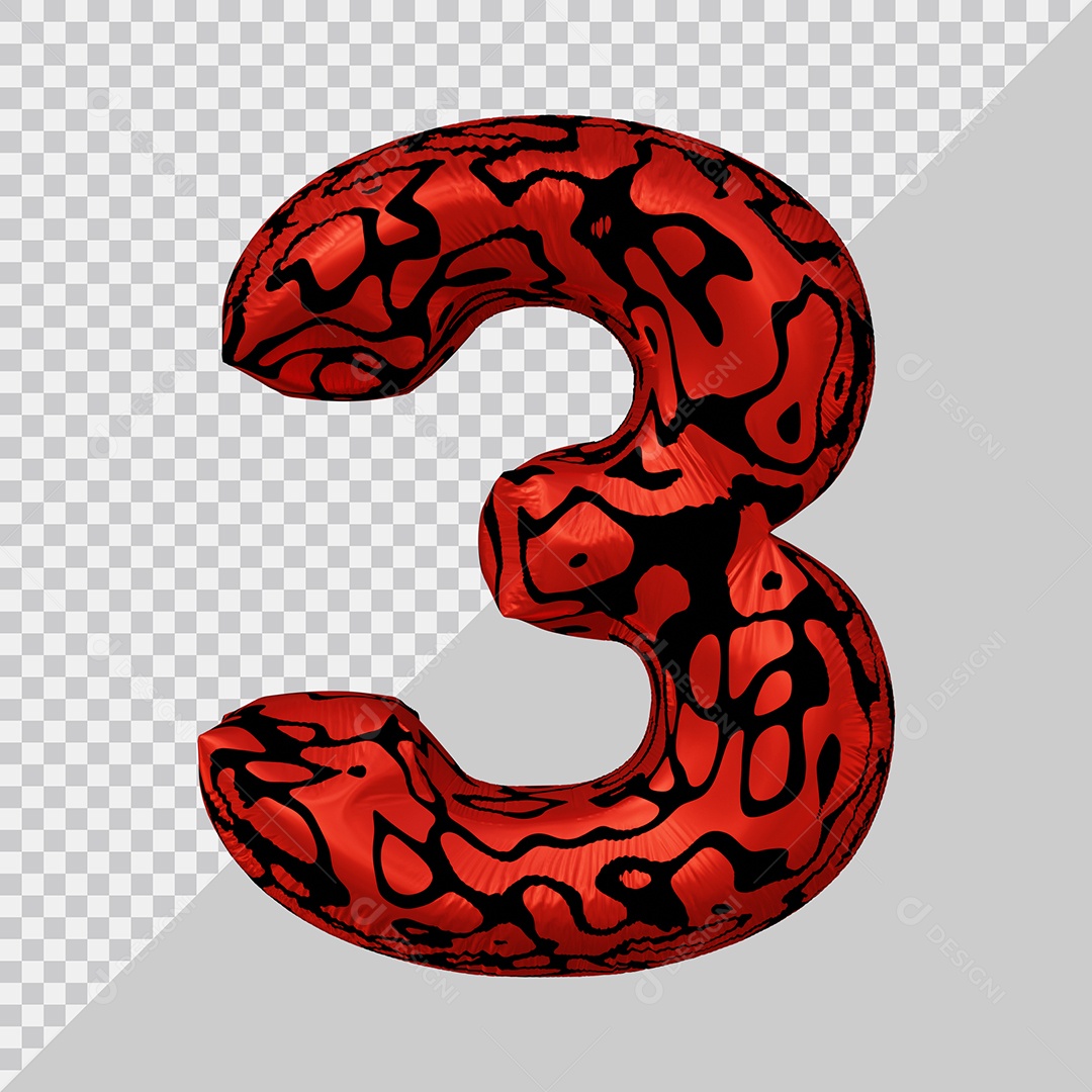 Número 3D 3 Preto e Vermelho Para Composição PSD