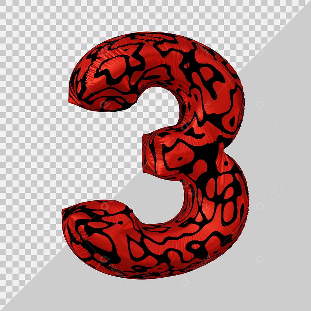 Número 3D 3 Preto e Vermelho Para Composição PSD