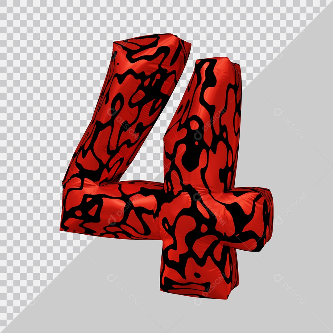 Número 3D 4 Preto e Vermelho Para Composição PSD