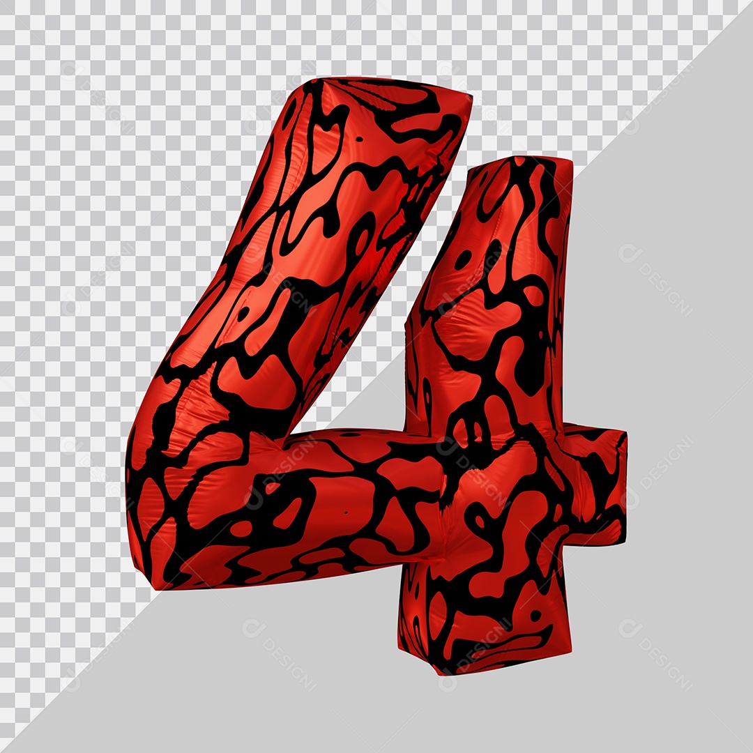 Número 3D 4 Preto e Vermelho Para Composição PSD