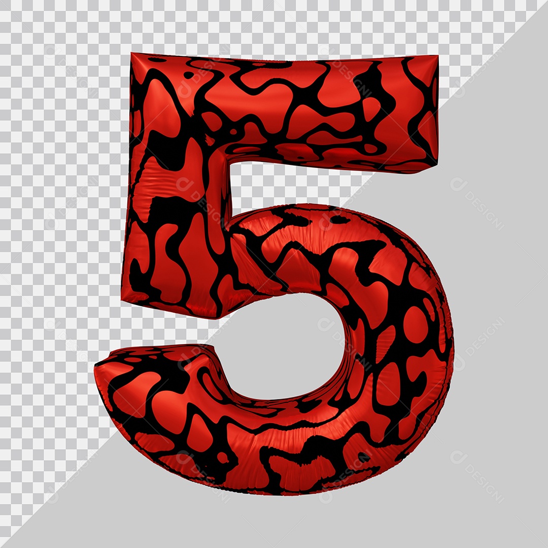 Número 3D 5 Preto e Vermelho Para Composição PSD