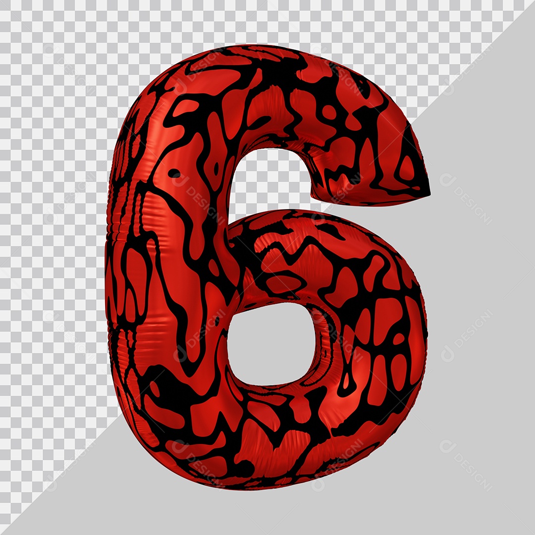 Número 3D 6 Preto e Vermelho Para Composição PSD