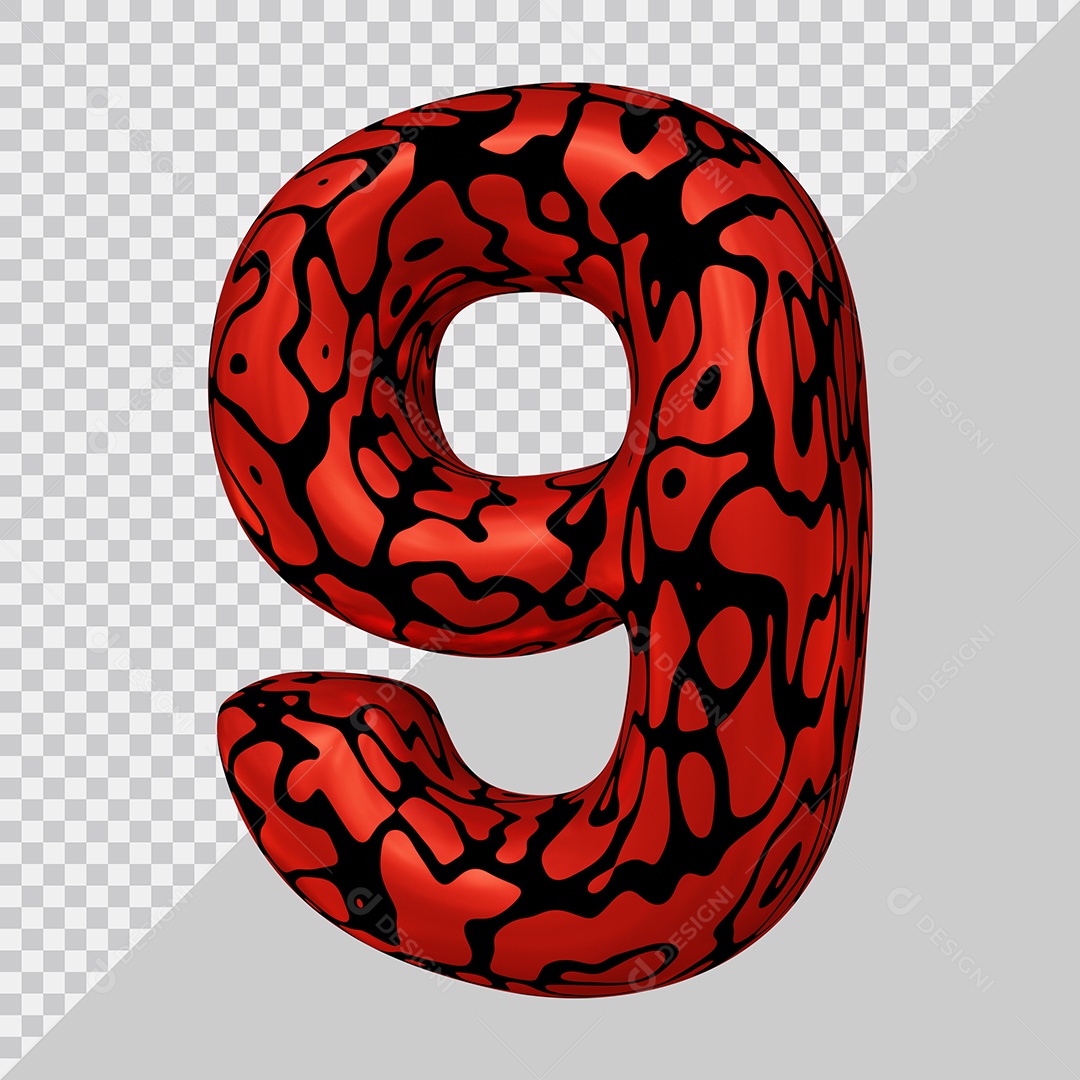 Número 3D 9 Preto e Vermelho Para Composição PSD