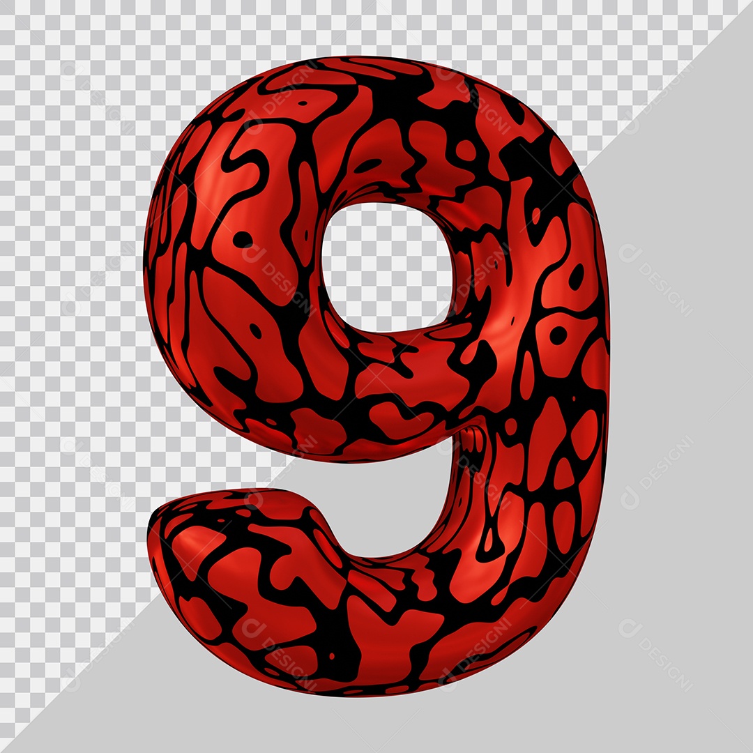 Número 3D 9 Preto e Vermelho Para Composição PSD