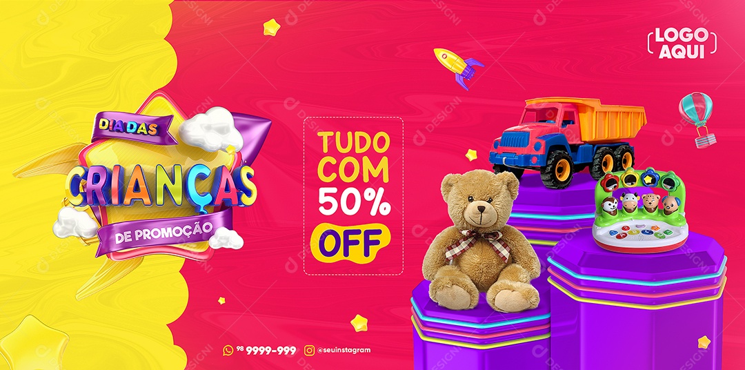 Banner Dia Das Crianças de Promoção Tudo com 50% Off Lojas Social Media PSD Editável