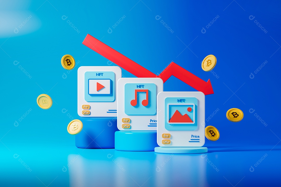 Renderização 3D ícones em pódio com seta decrescente