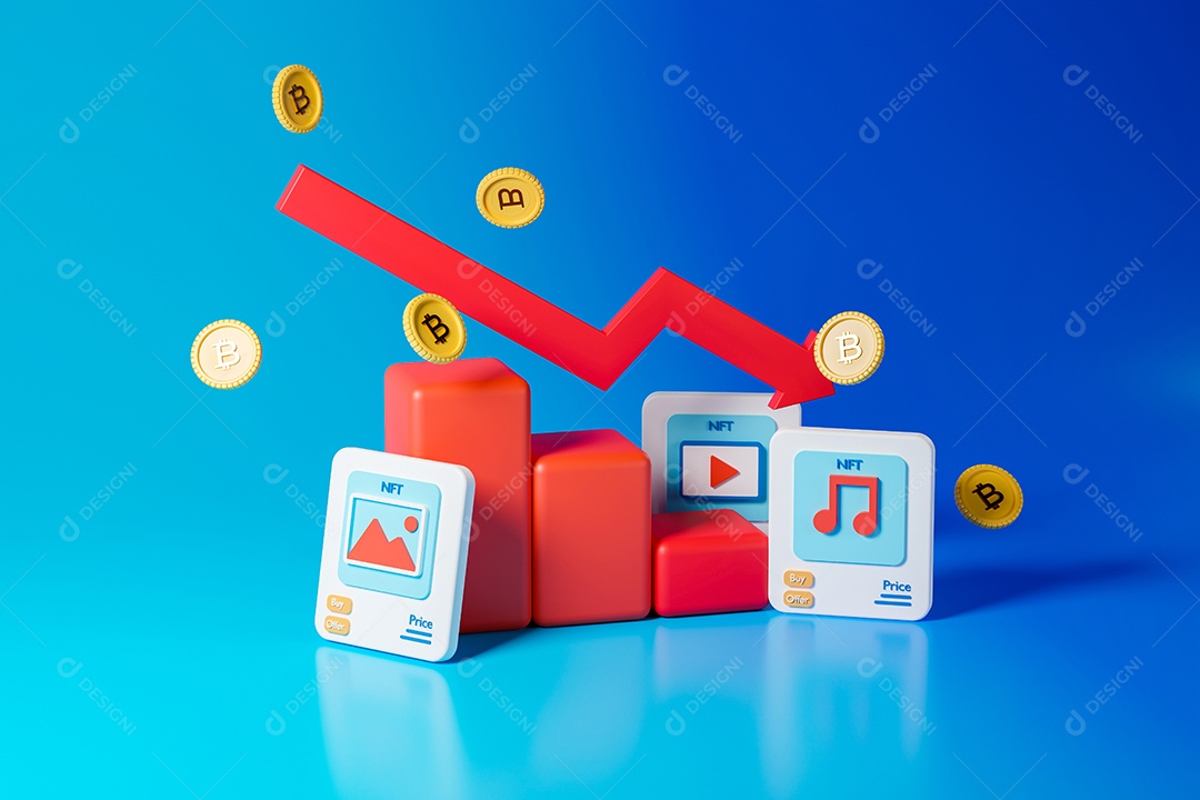 Renderização 3D Conceito pódio vermelho com seta vermelha decrescente