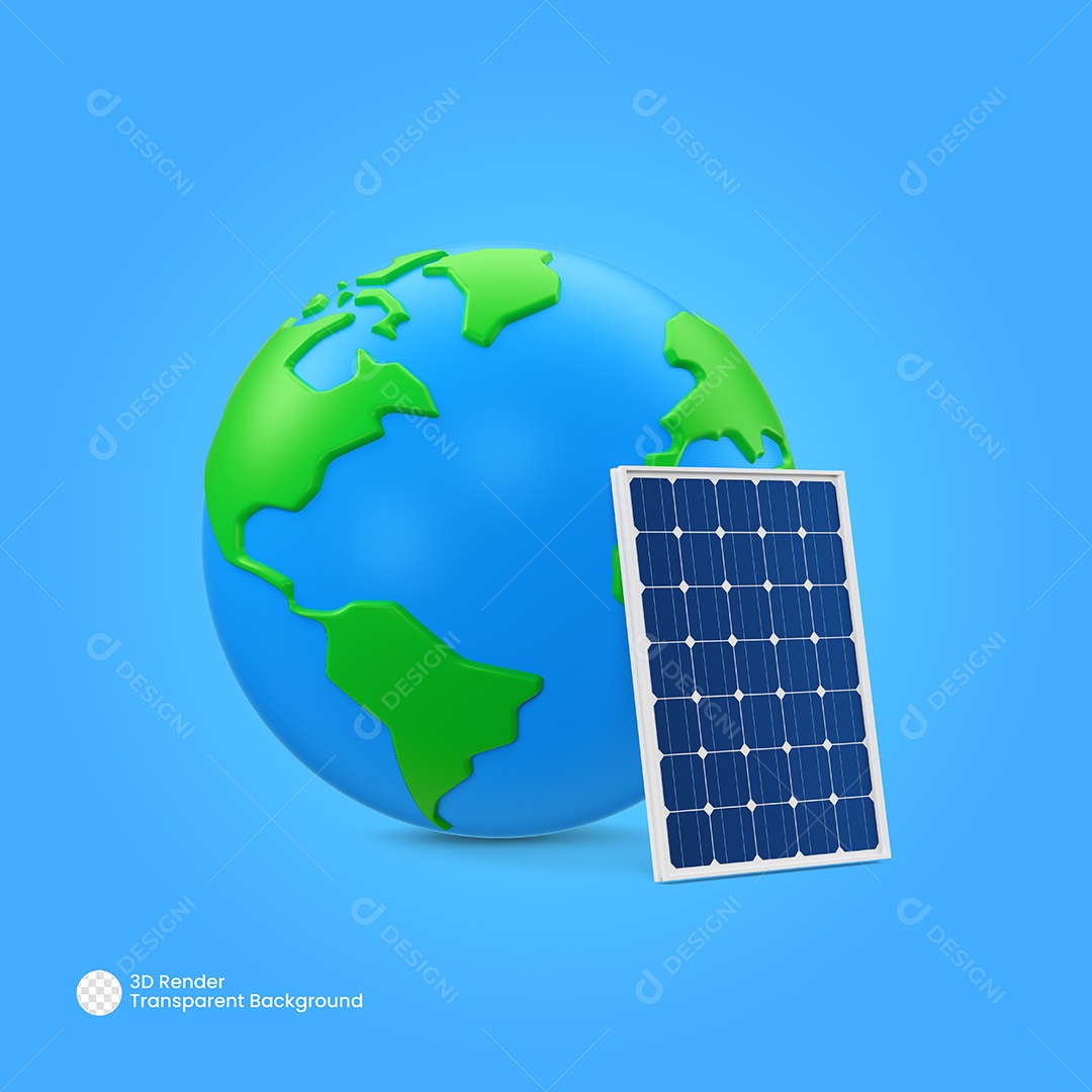 Ilustração Planeta Terra e Placa de Energia Solar 3D Para Composição PSD