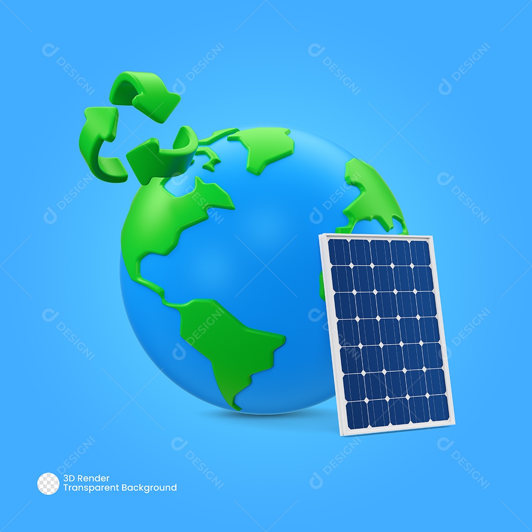 Ilustração Planeta Terra, Placa de Energia Solar e Ícone de Reciclagem 3D Para Composição PSD