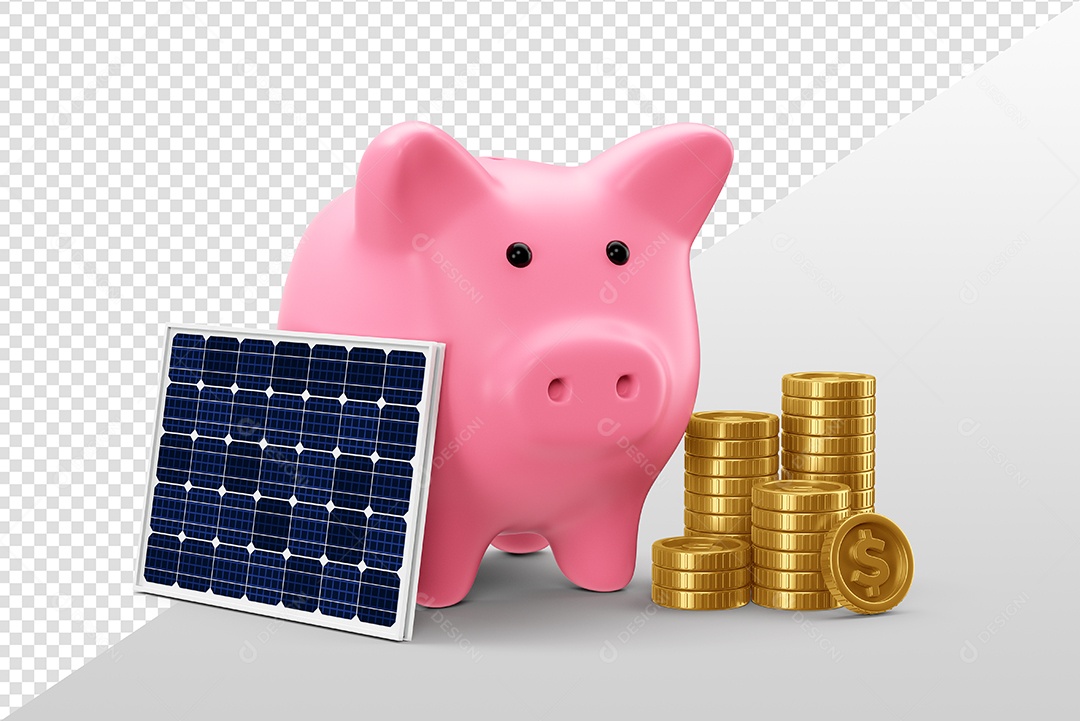 Ilustração de Porco, Moedas e Placa de Energia Solar 3D Para Composição PSD