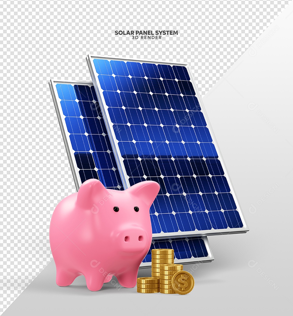 Elementos 3D Para Composição Placa de Energia Solar, Porco e Moedas PSD