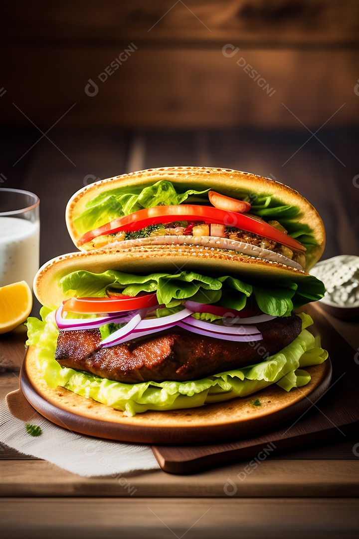 Hambúrguer sobre uma mesa madeira comida