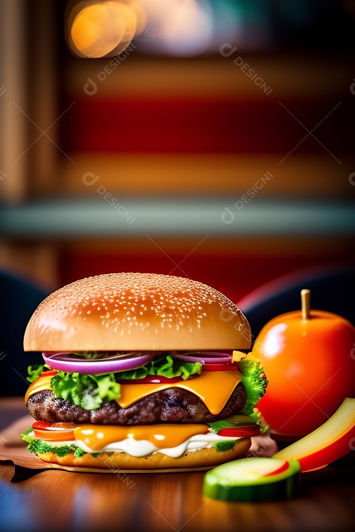 Hambúrguer sobre uma mesa madeira comida