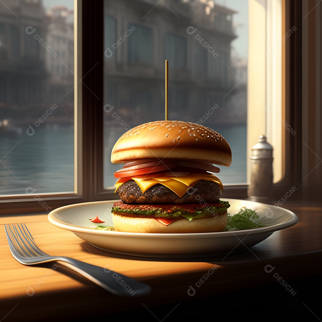 Hambúrguer sobre uma mesa madeira comida