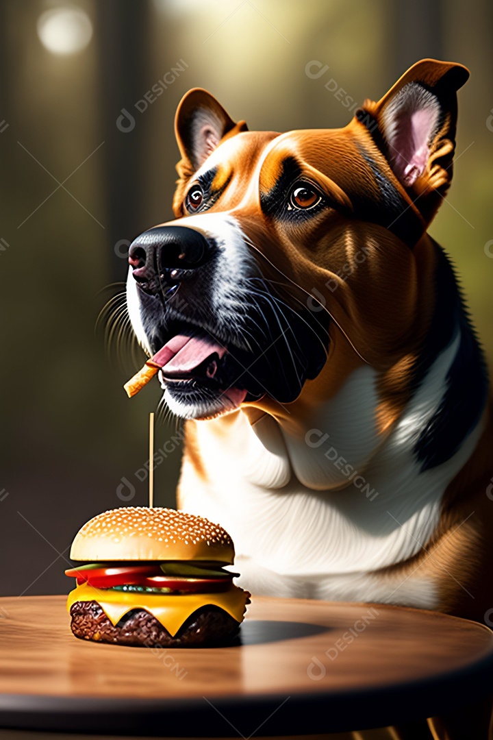 Cachorro ao lado de Hamburguer sobre uma mesa madeira comida