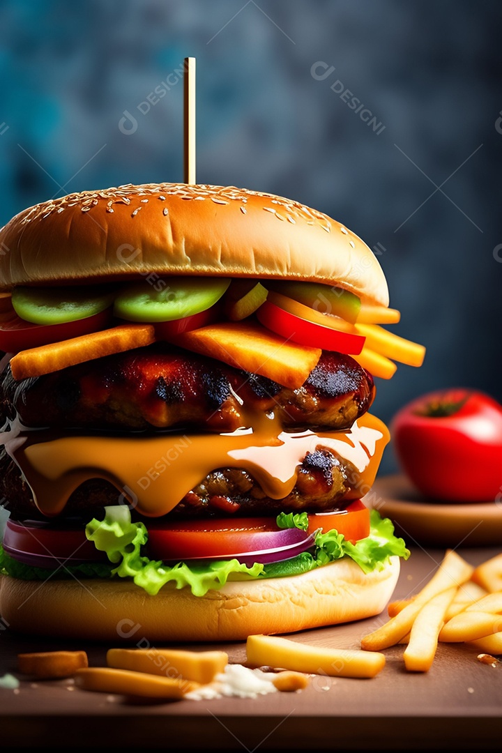 Hambúrguer sobre uma mesa madeira comida