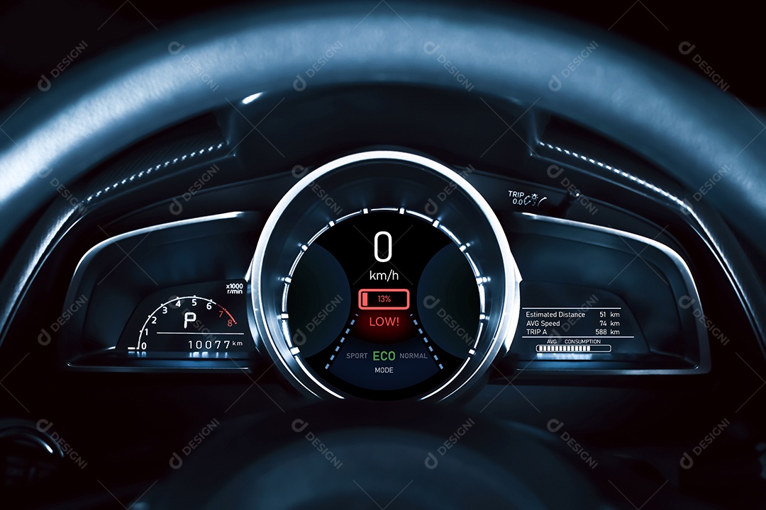 Luz de advertência de bateria fraca no painel de instrumentos do veículo elétrico EV