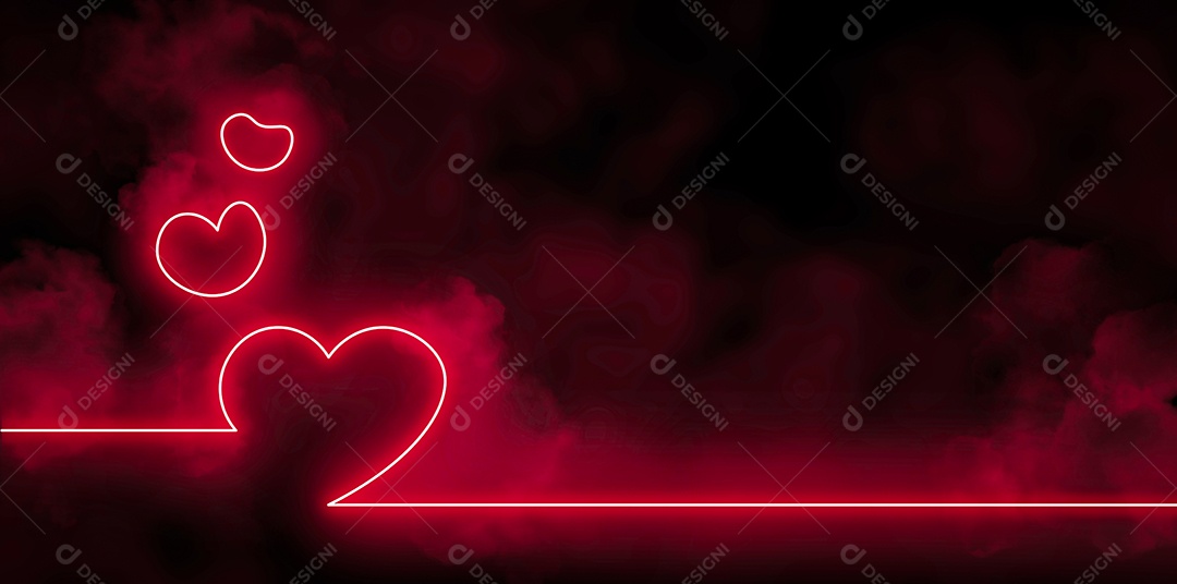 Luzes de néon em forma de coração rosa brilhante com fumaça no escuro