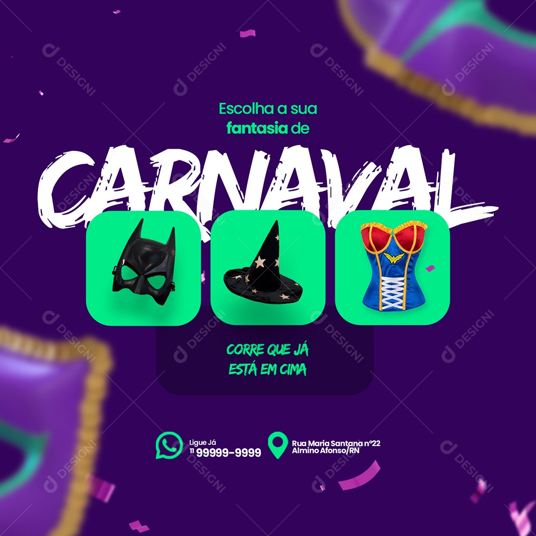 Escolha a Sua Fantasia de Carnaval Aluguel de Fantasias Social Media PSD Editável