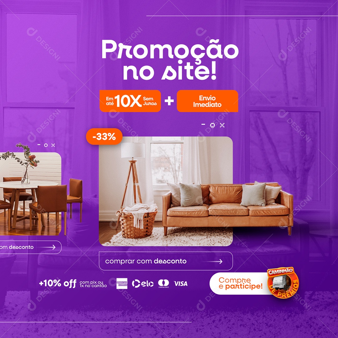 Campanha Publicitária Caminhão de Prêmios Loja Imobiliária Promoção no Site Social Media PSD Editável