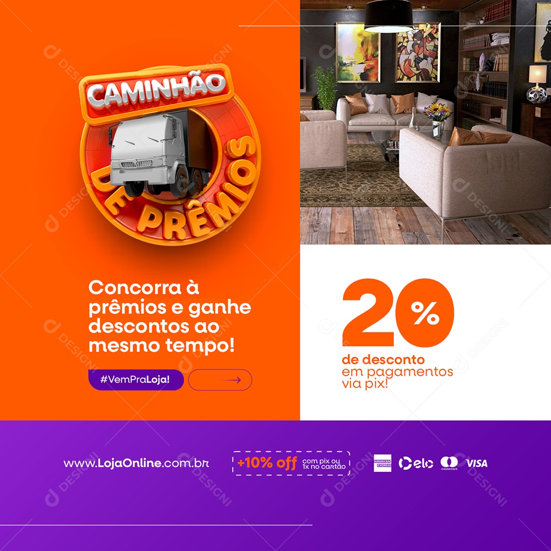 Campanha Publicitária Caminhão de Prêmios Loja Imobiliária Concorra à Prêmios Social Media PSD Editável
