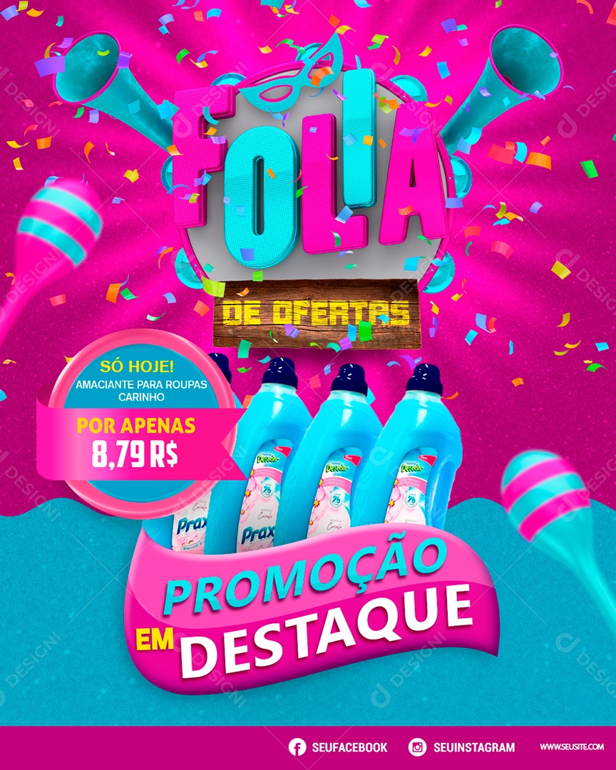 Post Supermercado Carnaval Promoção em Destaque Social Media PSD Editável