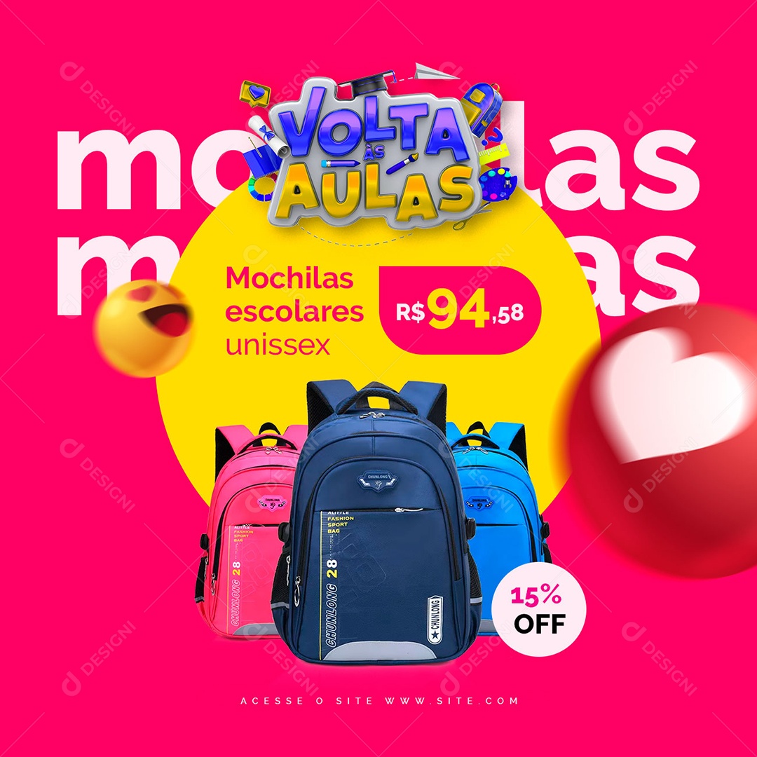 Mochilas Escolares Unissex Papelaria Volta às Aulas Social Media PSD Editável