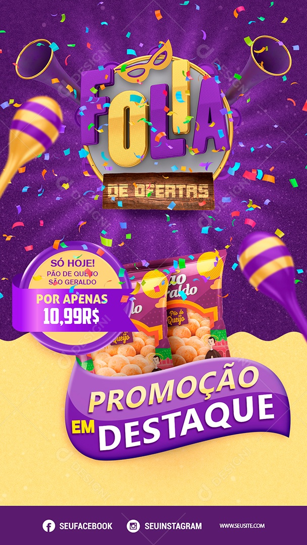 Post Stories Supermercado Carnaval Folia de Ofertas Pão de Queijo Social Média PSD Editável
