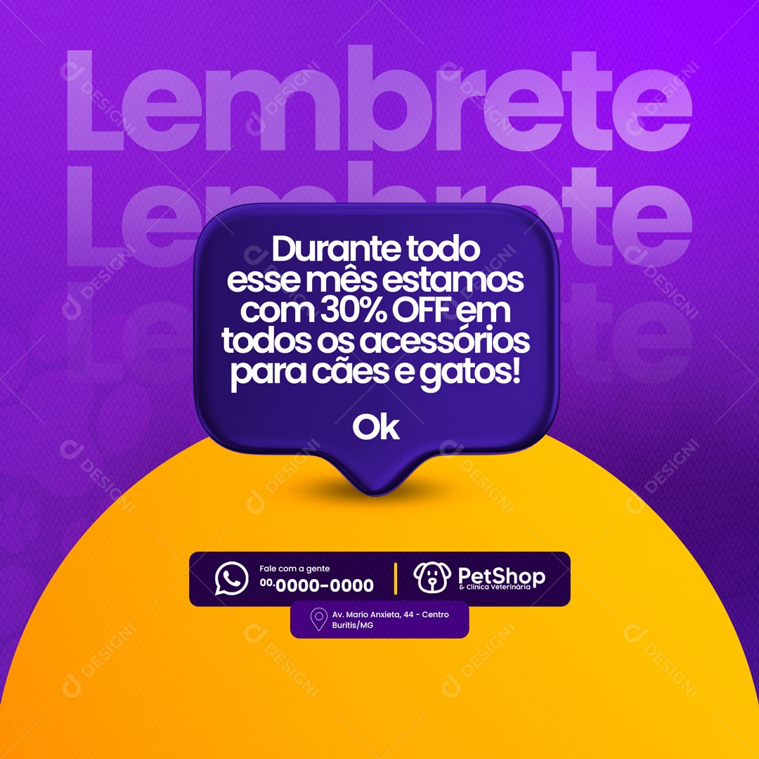 Lembrete Pet Shop e Clínica Veterinária Social Media PSD Editável
