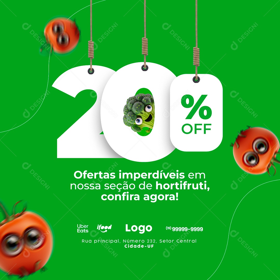 Ofertas Imperdíveis em Nossa Seção 20% Off Hortifruti Social Media PSD Editável