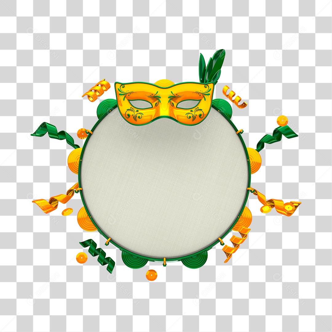 Pandeiro e Máscara de Carnaval Elemento 3D Amarelo e Verde PNG Transparente